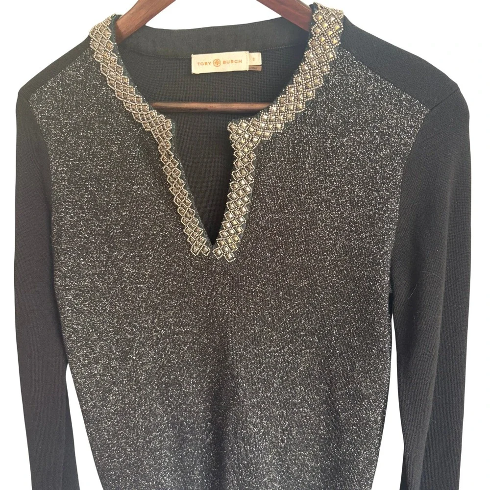 Tory Burch Merino Wool Split Neck Sweater Small Metallic Black Silver Shimmer